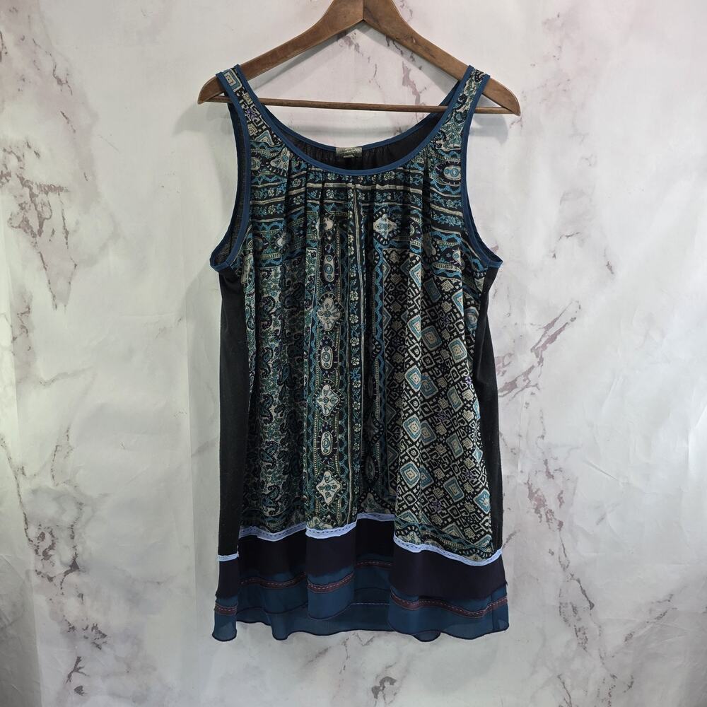 Anthropologie Dress Womens Medium Blue Black Boho Tank One September Chiffon